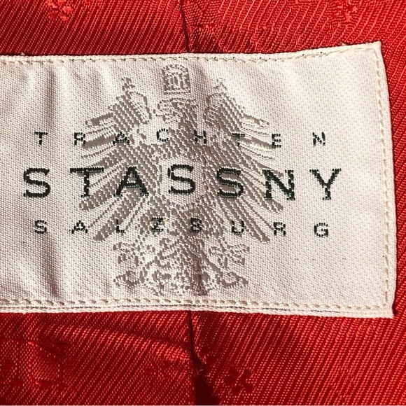 VINTAGE Austrian TYROL Dirndl Red Linen JACKET DB Military Style Silver Btns M - Picture 10 of 13